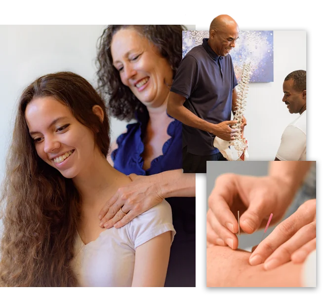 Dr. Michelle Hill examining a patient and Dr. Andrew West during a consultation