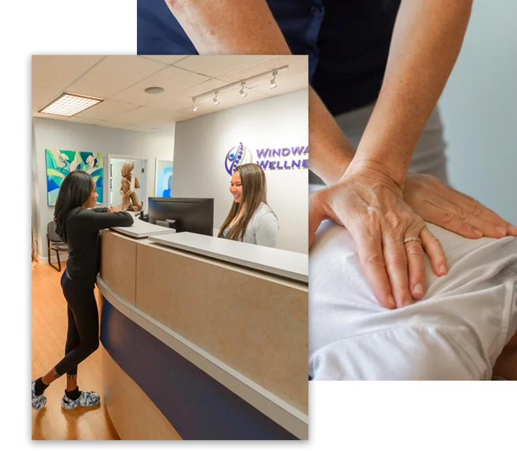 A receptionist greeting a patient at the front desk and Dr. Michelle Hill performing a back adjustment